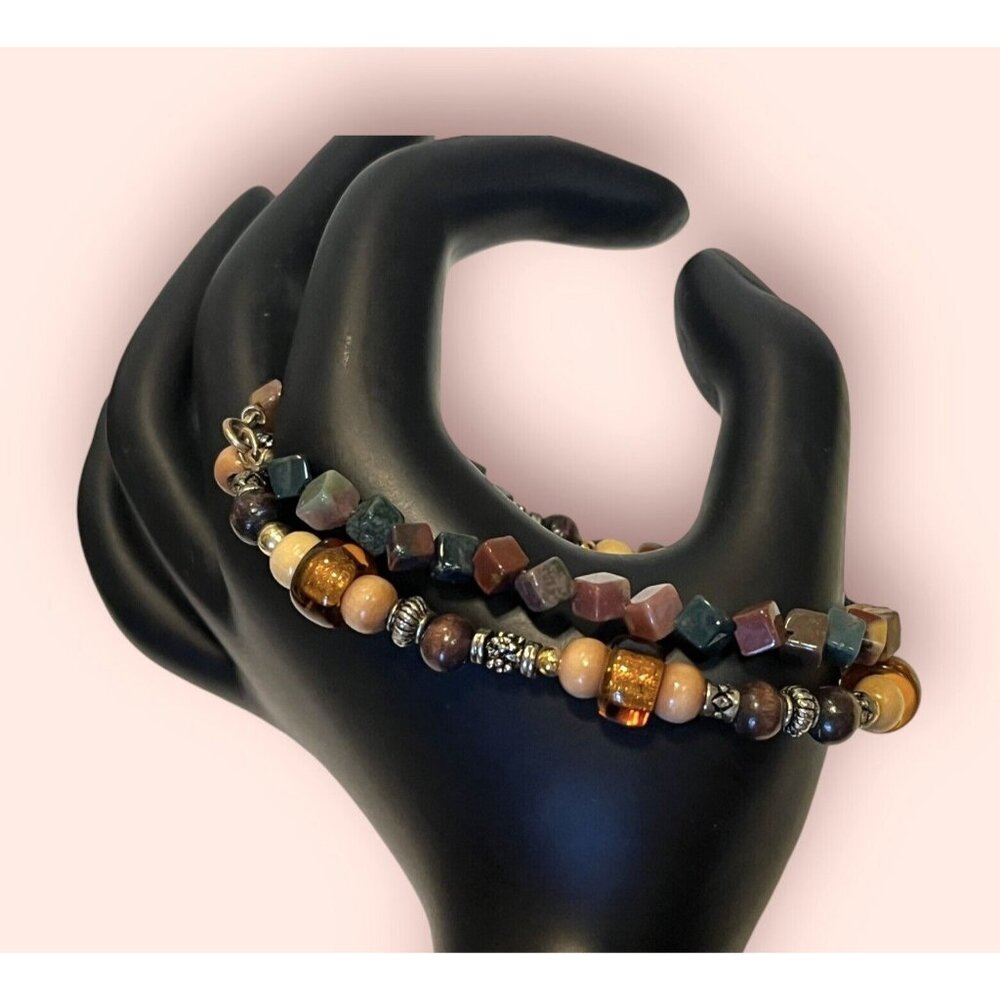 14K Gold Filled & TOURMALINE Gemstone & Wood Stackable  Bracelet Lot Of 2 GIFT